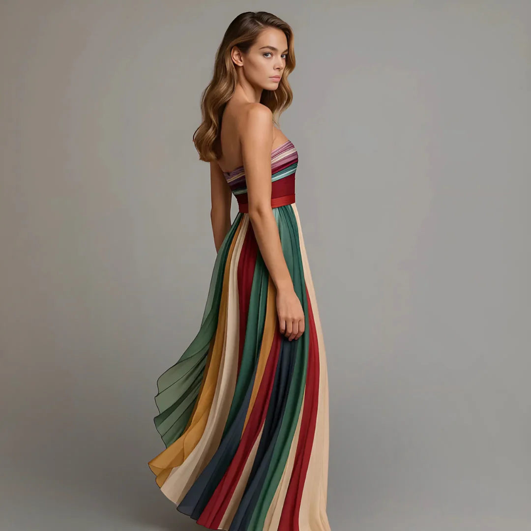Robe longue et élégante, plissée, à la coupe fluide, sans bretelles